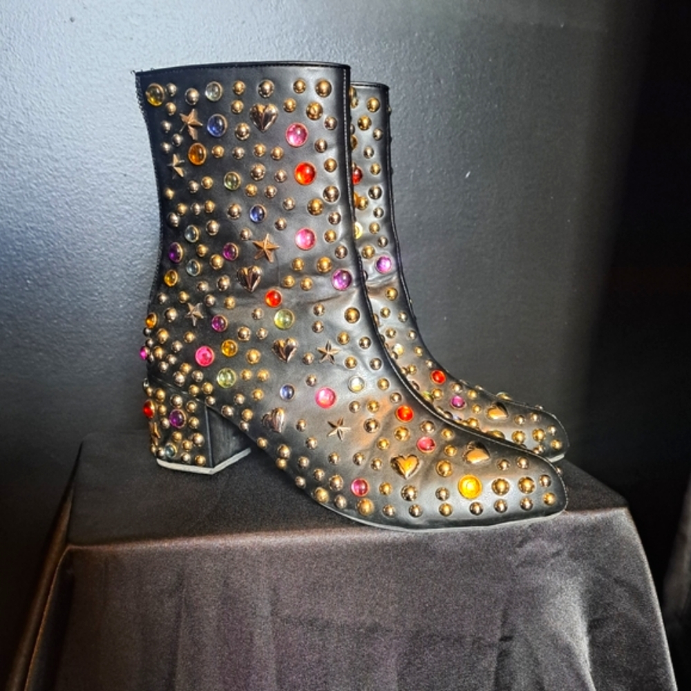 Dollskill Black Bedazzled Jeweled Kawaii Decora Funky Glam rock goth punk Boots